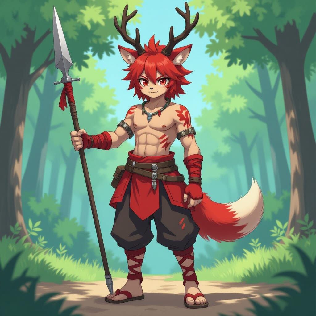 Anime Beastkin Warrior with Spear in Manga Style