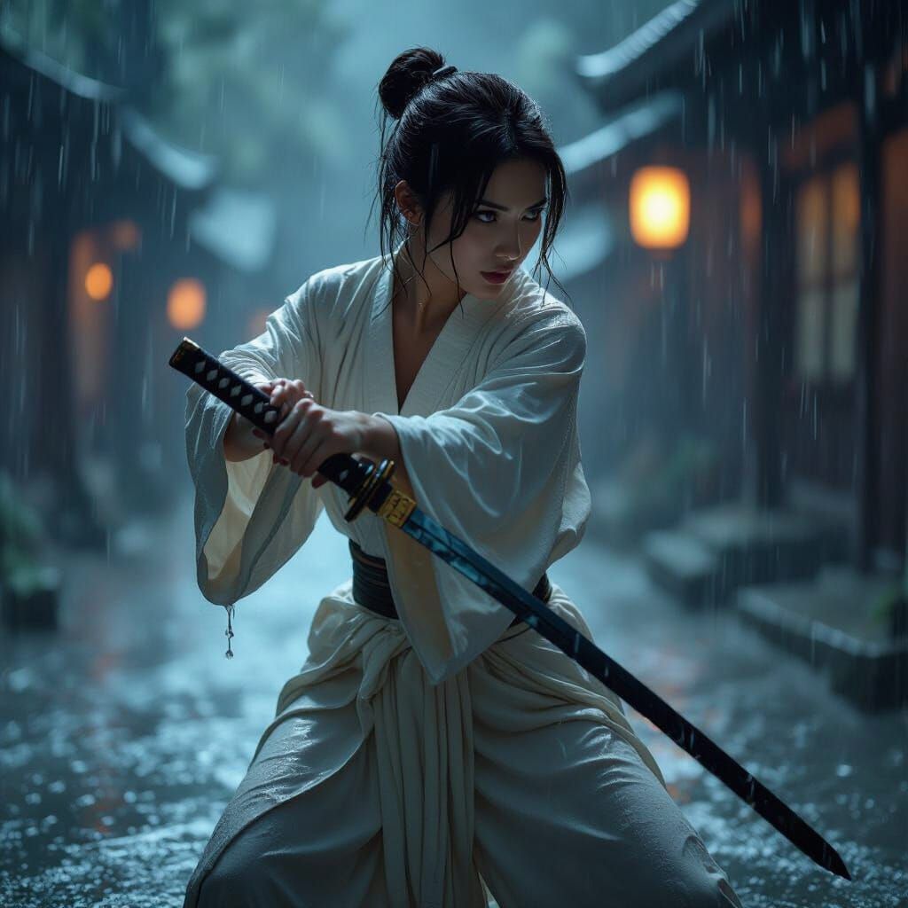 Woman with Katana in Rainstorm: Cinematic Photography