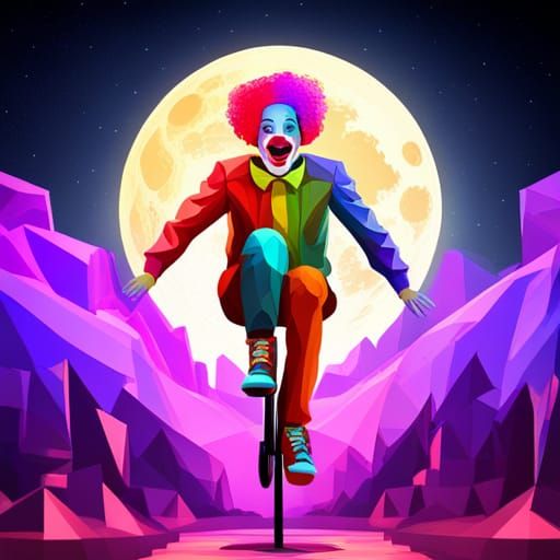 Clown on Unicycle with Moon in Steampunk Style