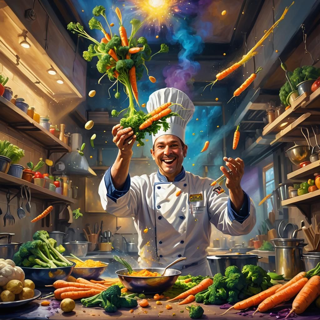 Chef's Toss: Vibrant Oil Painting of Vegetables