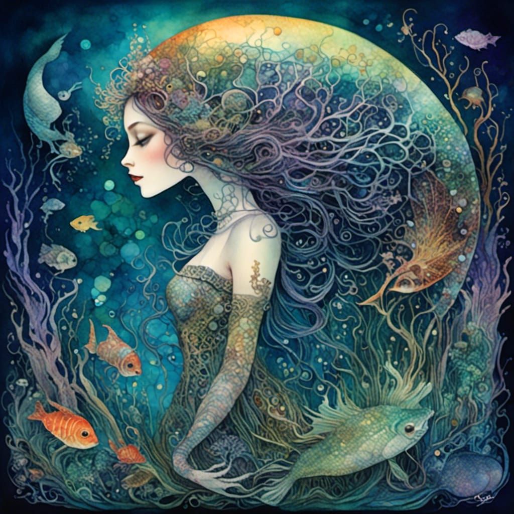 Sea Witch Illustration in Vintage Fantasy Style