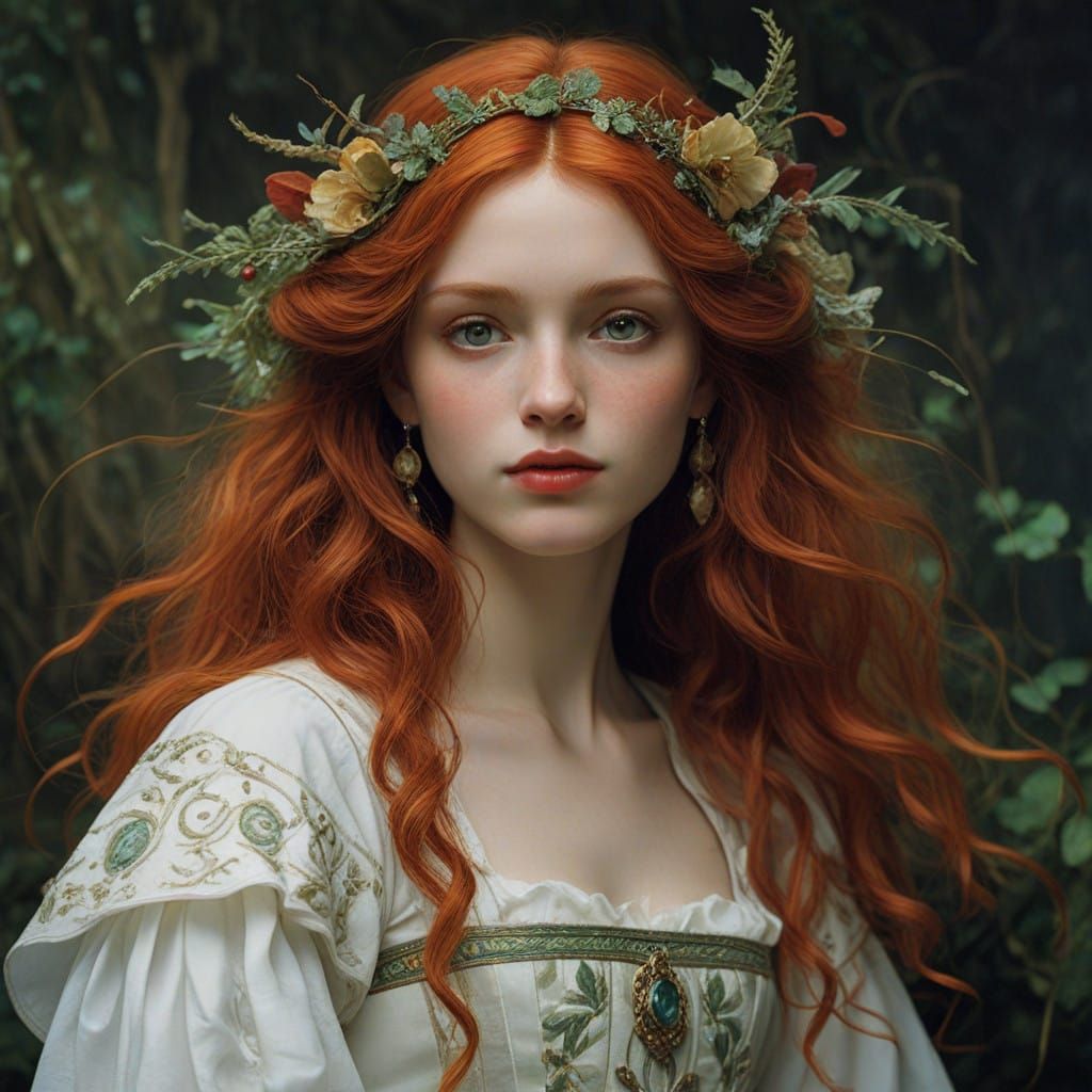 Ethereal Woman in Crimson Autumn Splendor