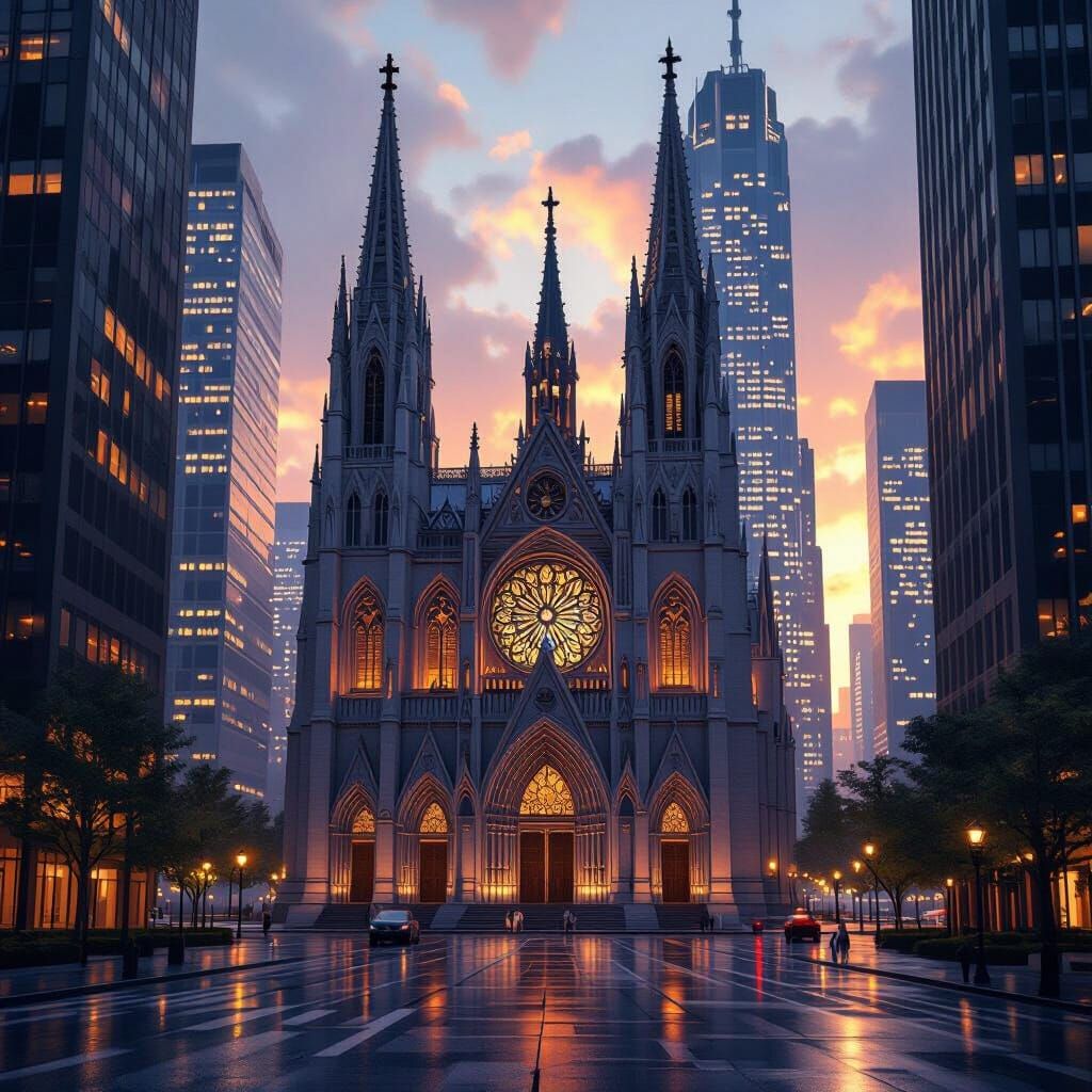 Gothic Cathedral Among Modern Skyscrapers at Sunset