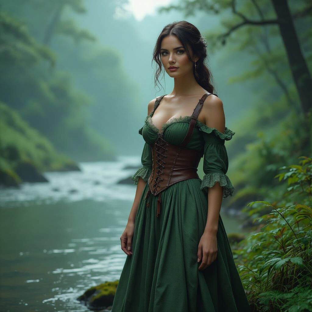Green-Skinned Woman in Forest River Scene