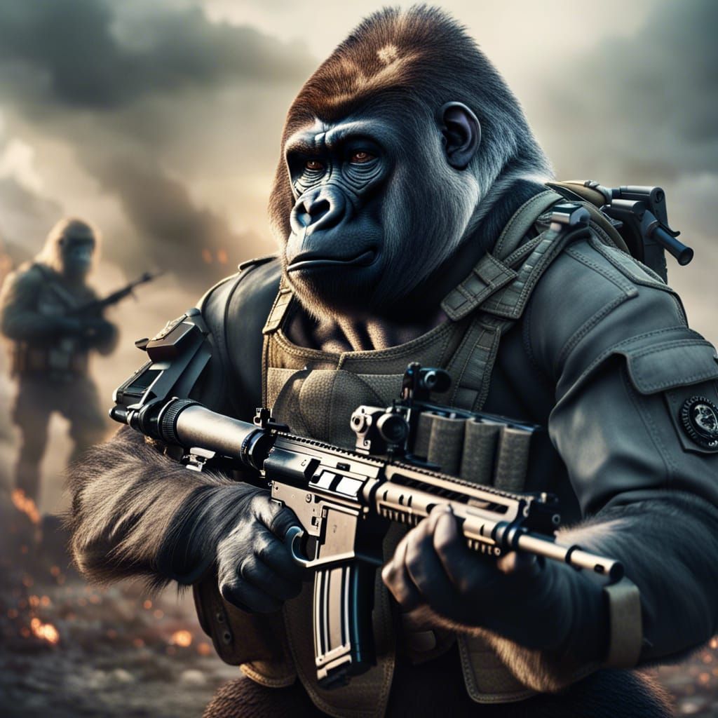 Gorilla in Military Uniform on Battlefield