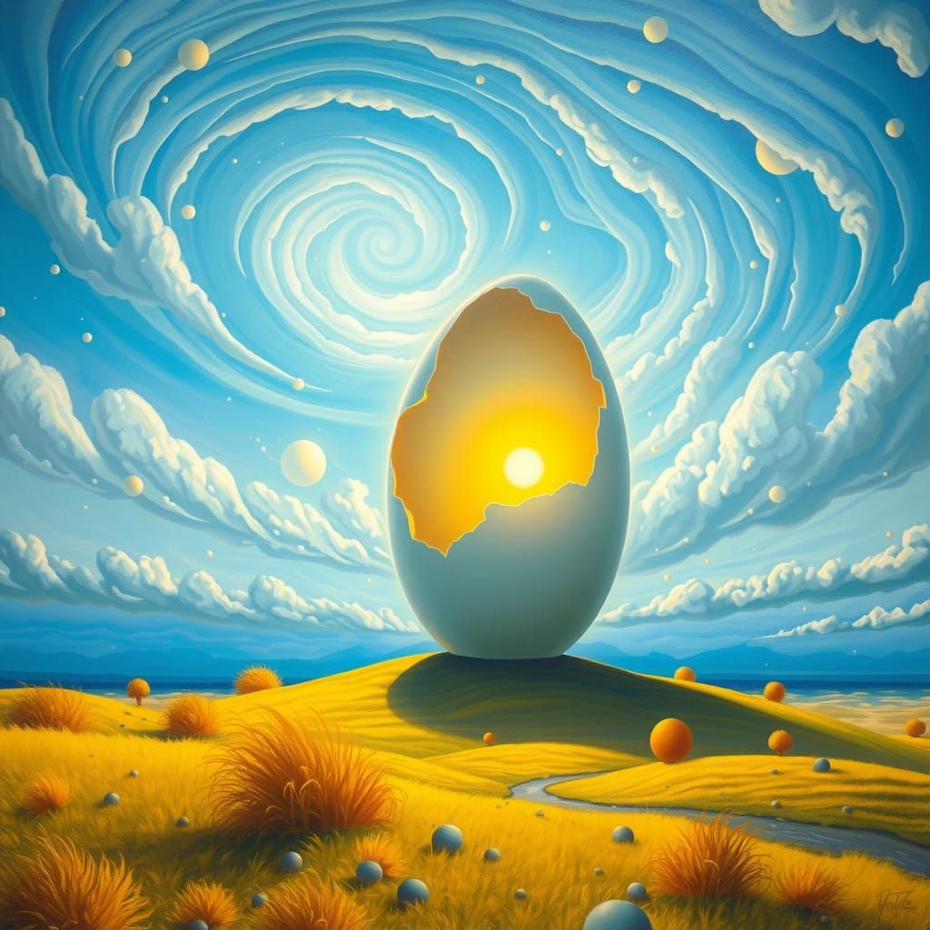 Surreal Morning Landscape with Cracked Egg and Radiant Sun
