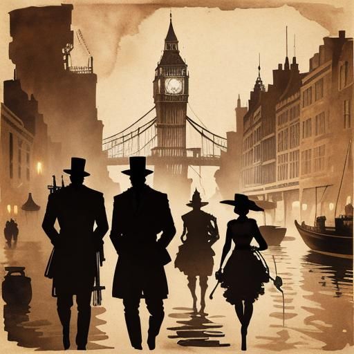 Steampunk Boat on Thames: Modern Ink Painting