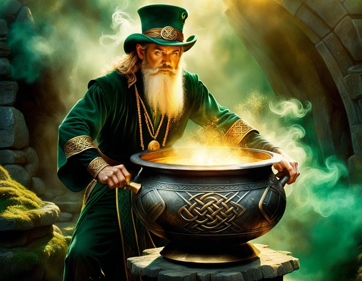 Leprechaun Protecting Gold Cauldron in Emerald Mist