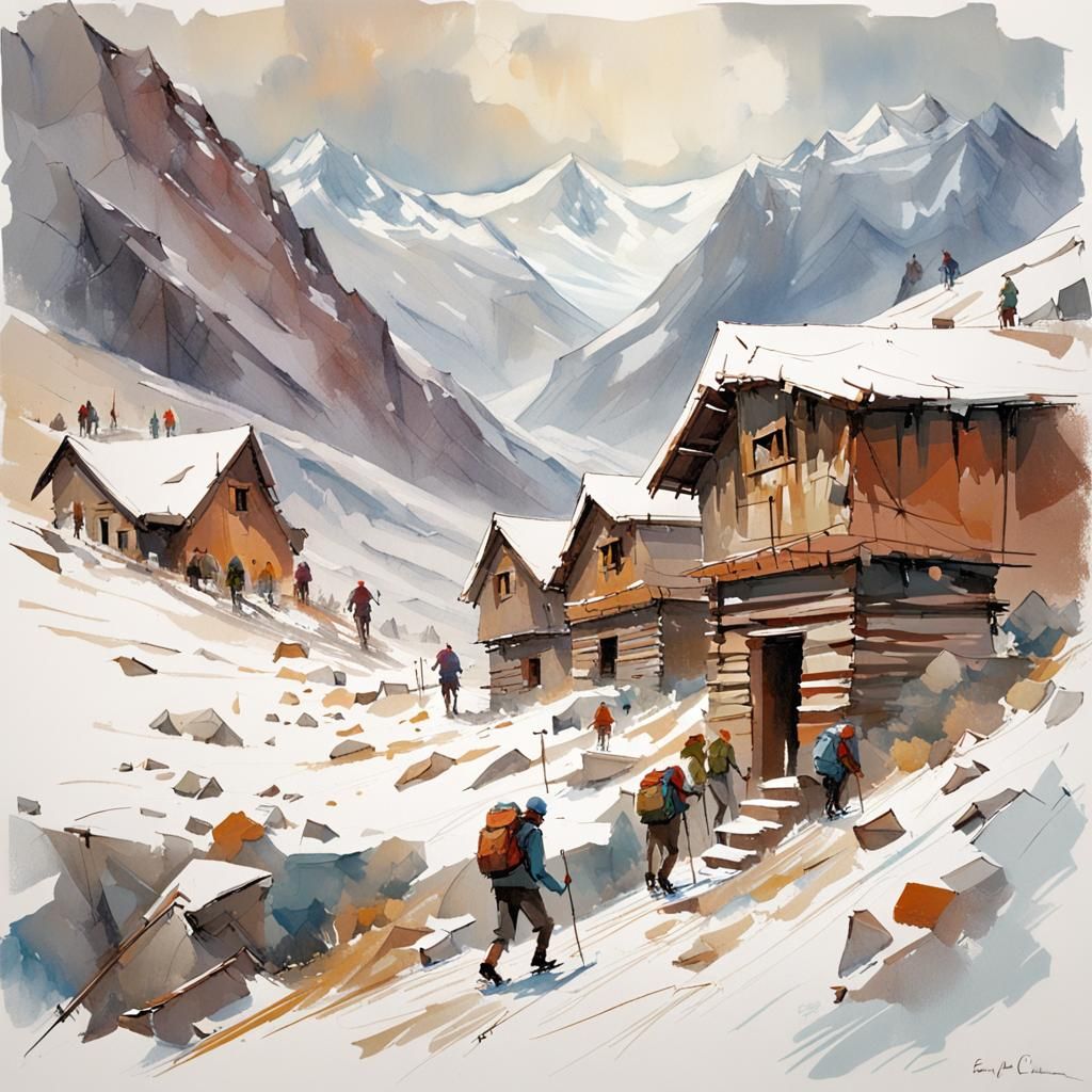 Hikers Sheltering from Snowfall: Mixed Media Art