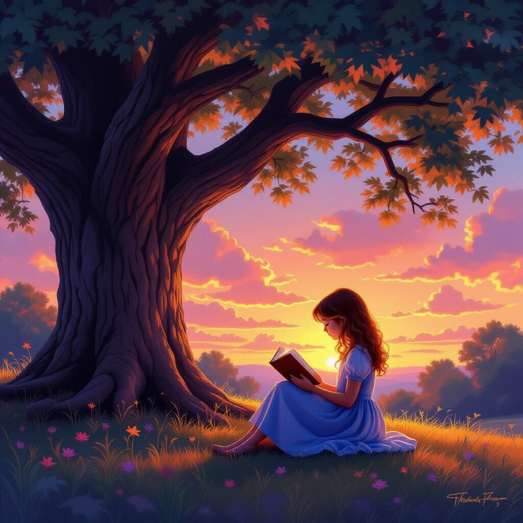 Serene Girl Reading Under Oak Tree at Golden Hour Sunset