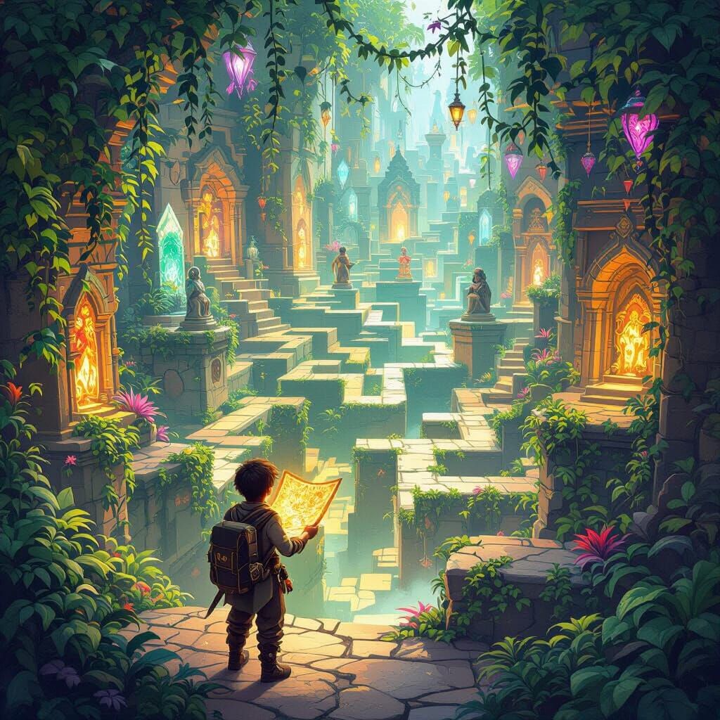 Adventurer Navigates Crystal Maze with Glowing Map