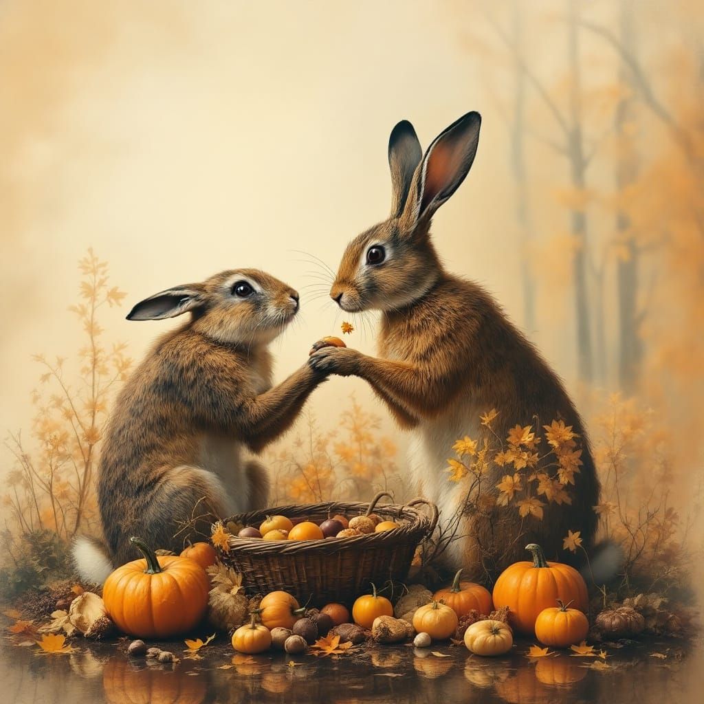 Gentle Hares in Autumn Forest, Classical Painting