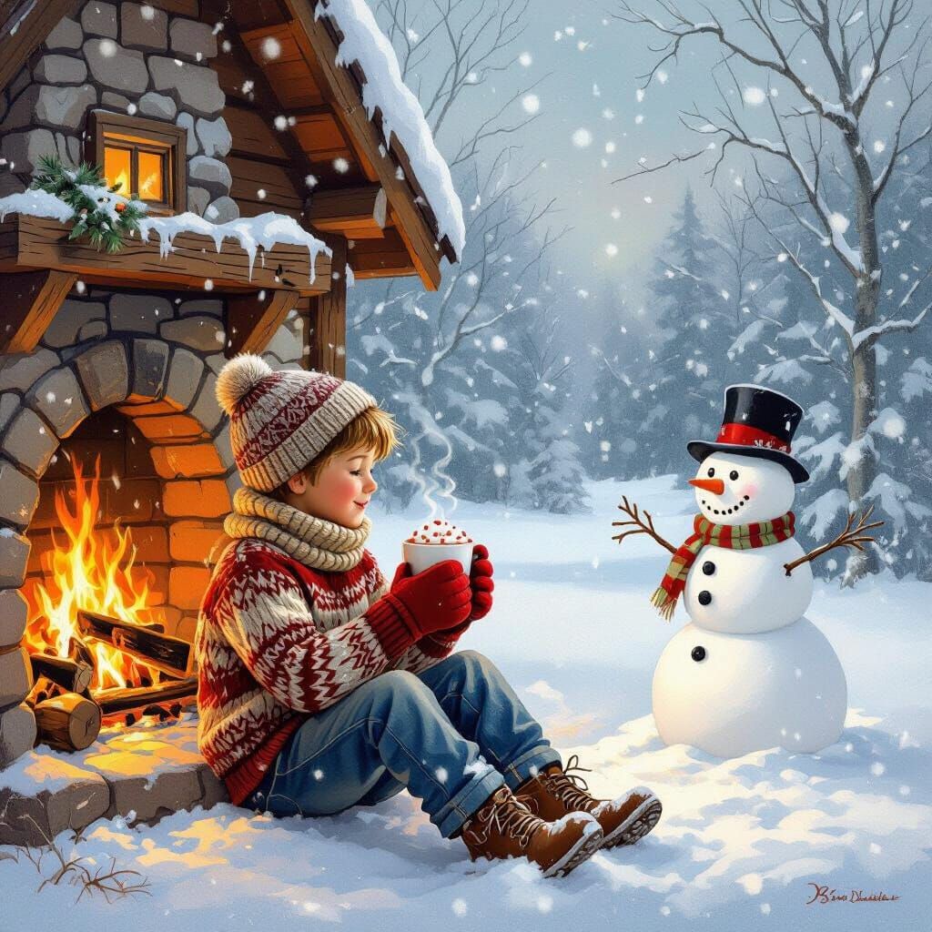Cozy Cabin Scene with Boy and Snowman