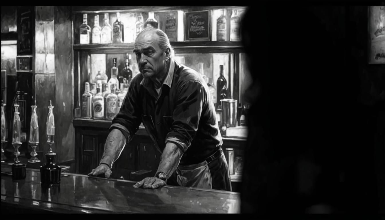 Noir Bartender Concept Art in Comic Style