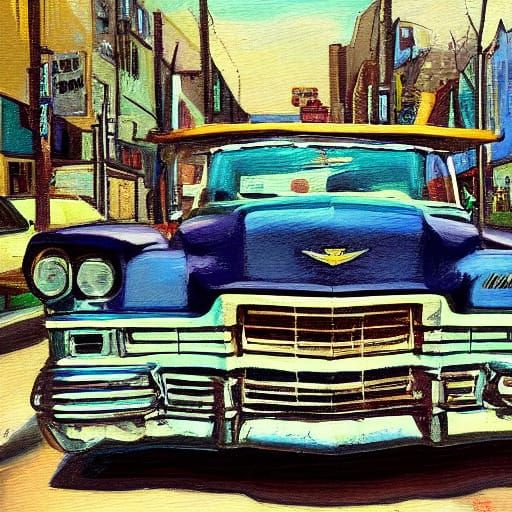 Guitars and Cadillacs on Lonely Streets in Vibrant Oil Paint...