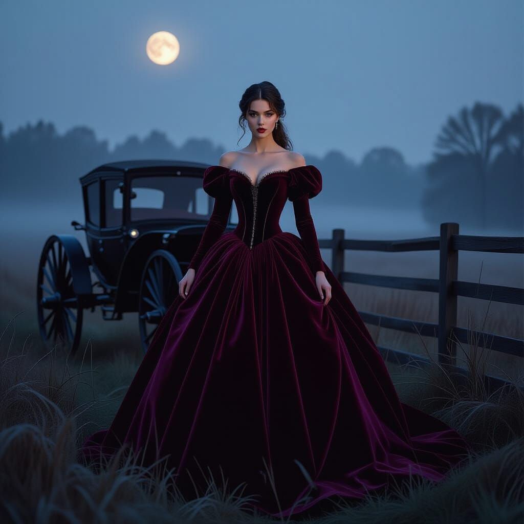 Crimson Gown Woman in Misty Moonlit Field