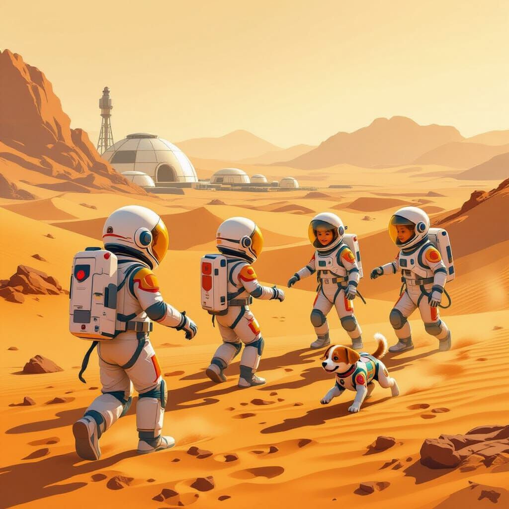 Children Play Tag on Mars in Space Suits