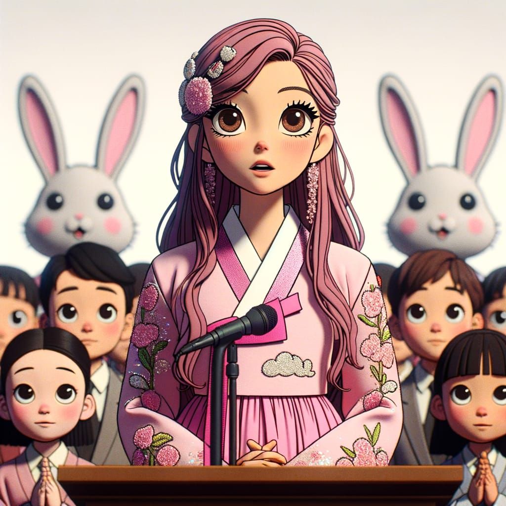 Pink-Haired Politician Giving Speech in Animated Style