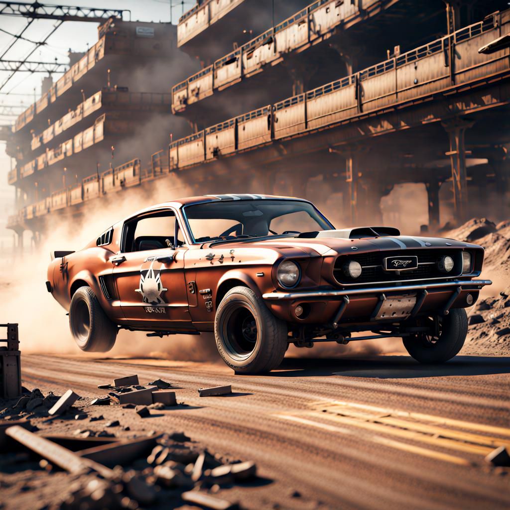 Armored Mad Max Mustang Wins Racetrack, Matte Painting
