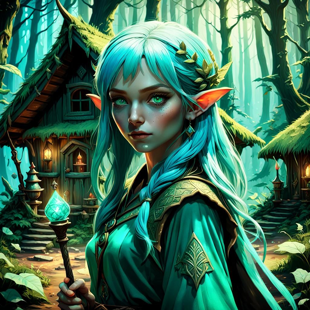 Enchanting Elf with Potions: Dark Fantasy Concept Art