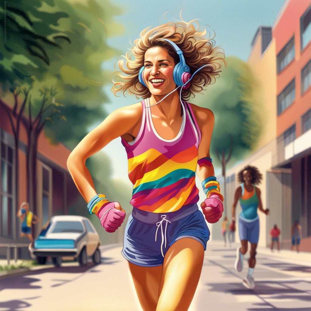 80s Woman Running with Walkman: Photorealistic Image