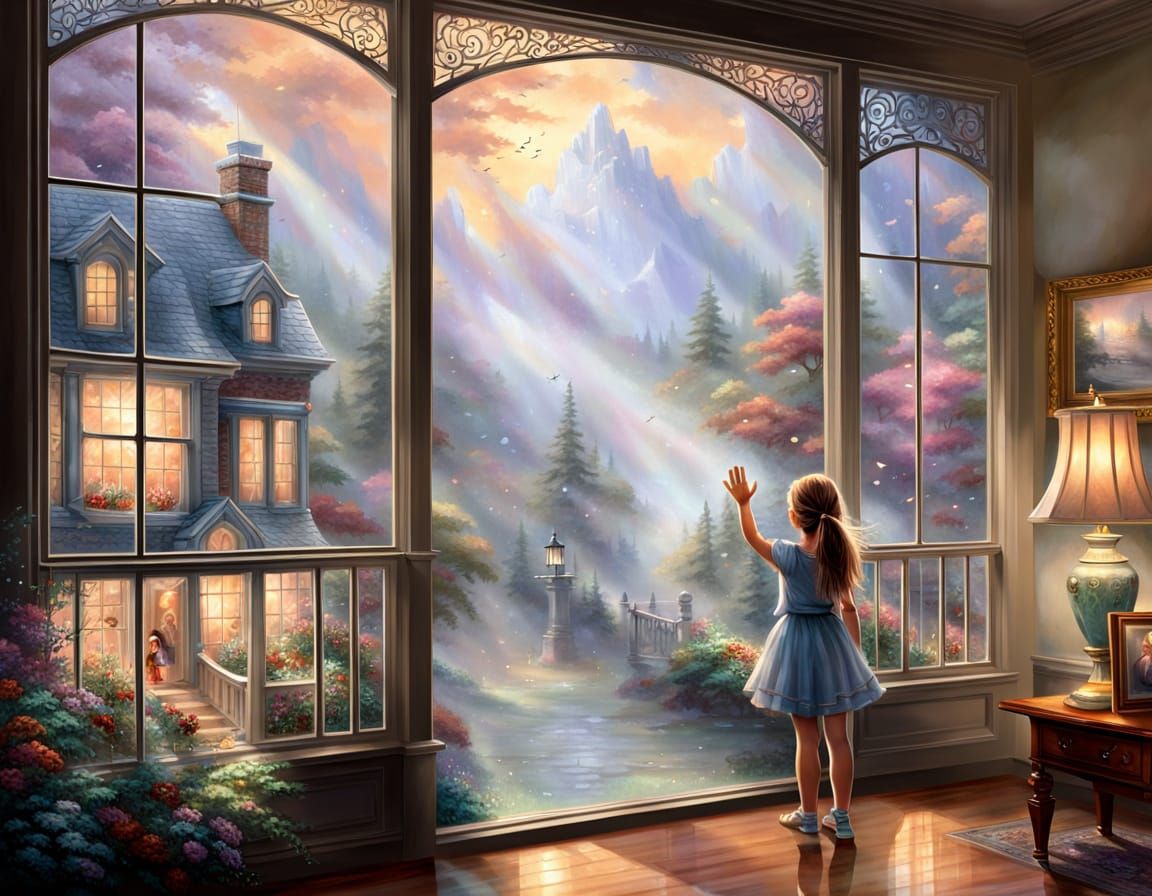Little Girl Waves Goodbye to Dad in Ethereal Fantasy Scene