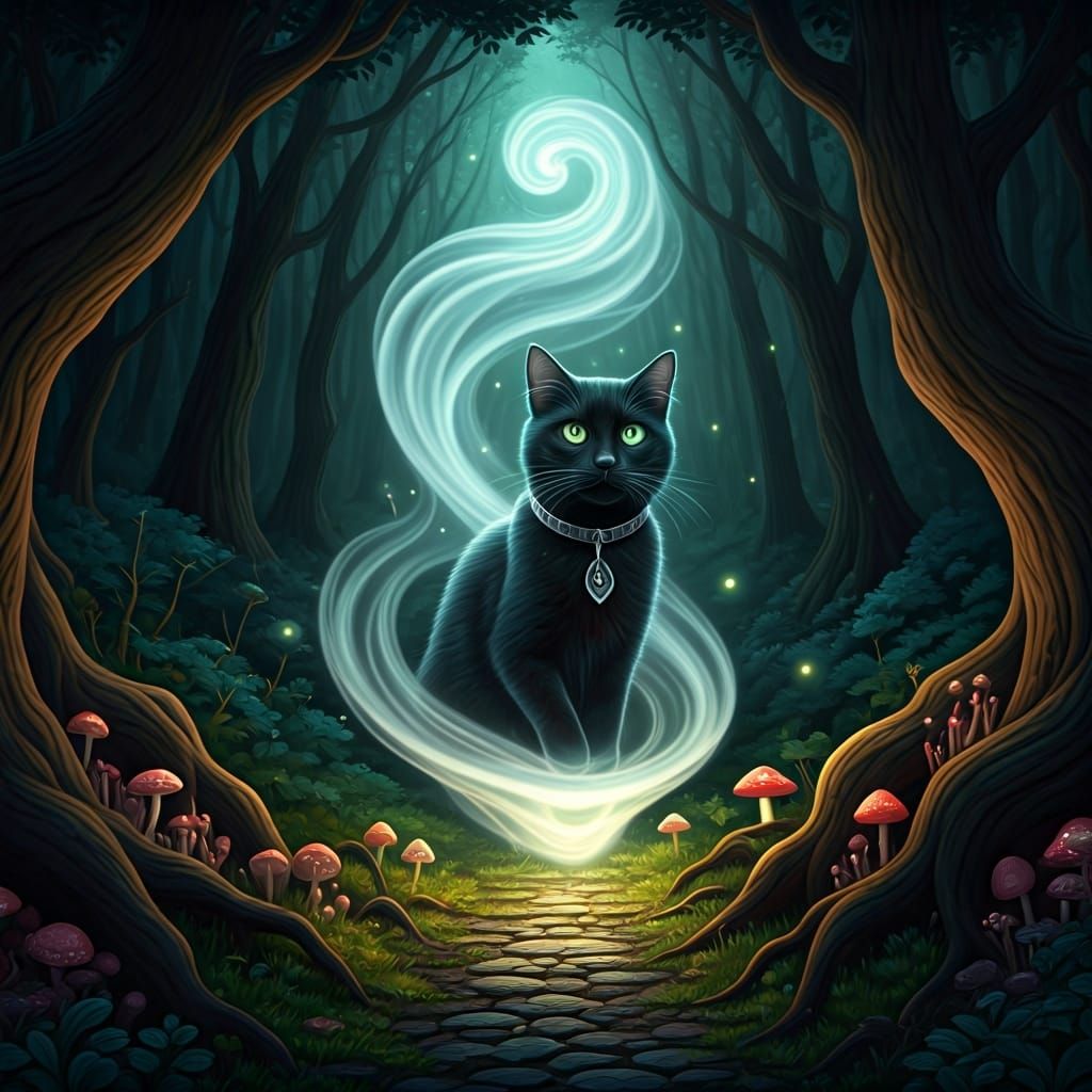 Black Cat Transforms into Mist in Magical Forest