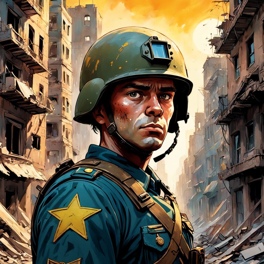Impressionistic Comic Art: Soldier in War-Torn City