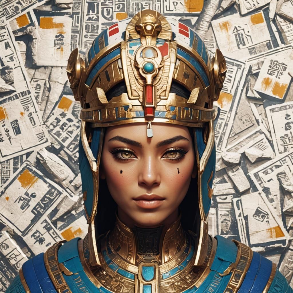 Egyptian Queen in Japanese-Inspired Armor Within Ancient Tem...