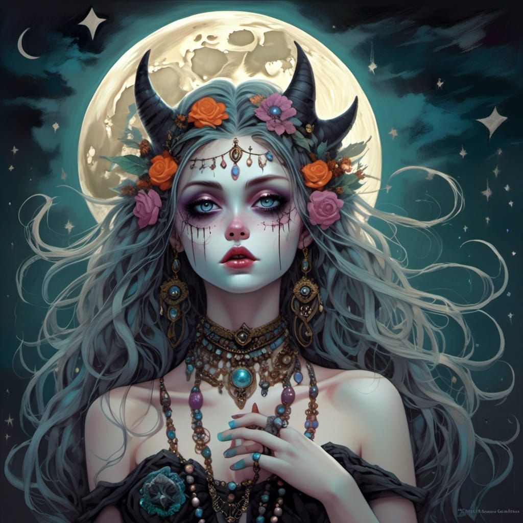 Macabre Moon Goddess in Pop Surrealism Style