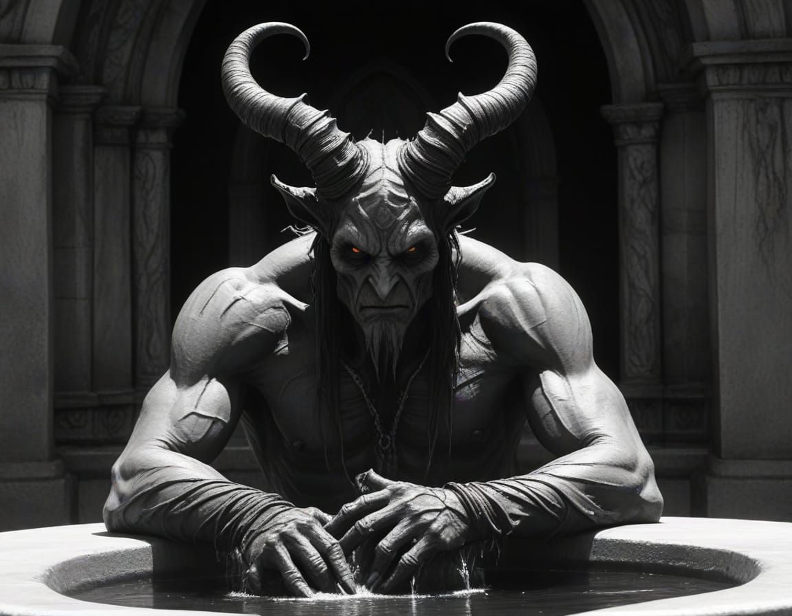 Demonic Figure at Fountain: Gothic Horror Pencil Sketch