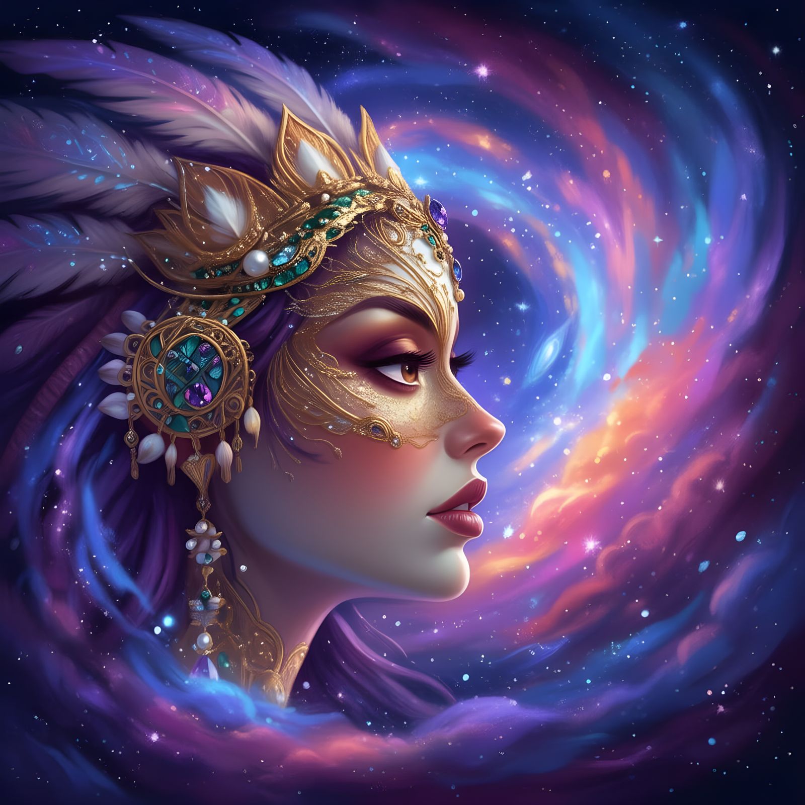 Native American Shaman Gazes Into Cosmic Nebula