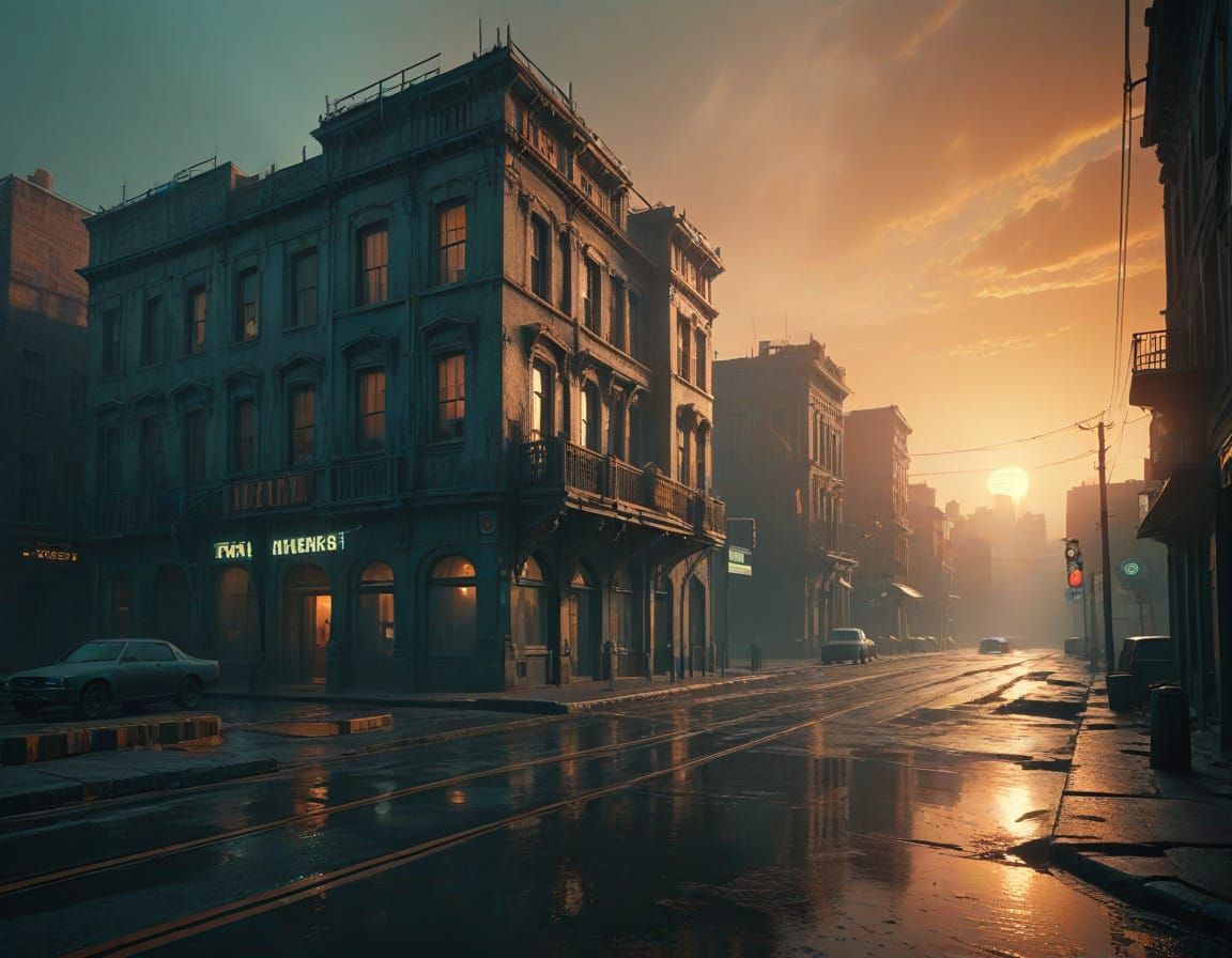 Forgotten City in Misty Sunset: Cinematic Film Still