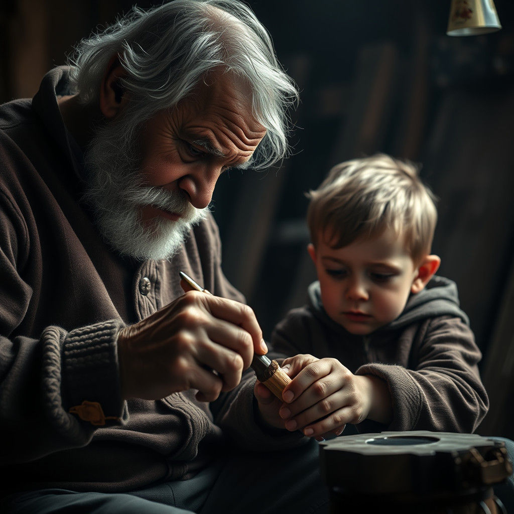 Hyperrealistic Grandfather Whittling with Grandson in HDR
