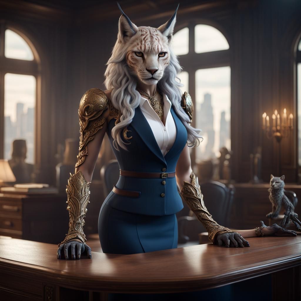 Lynx-Headed Businesswoman in Detailed Matte Painting