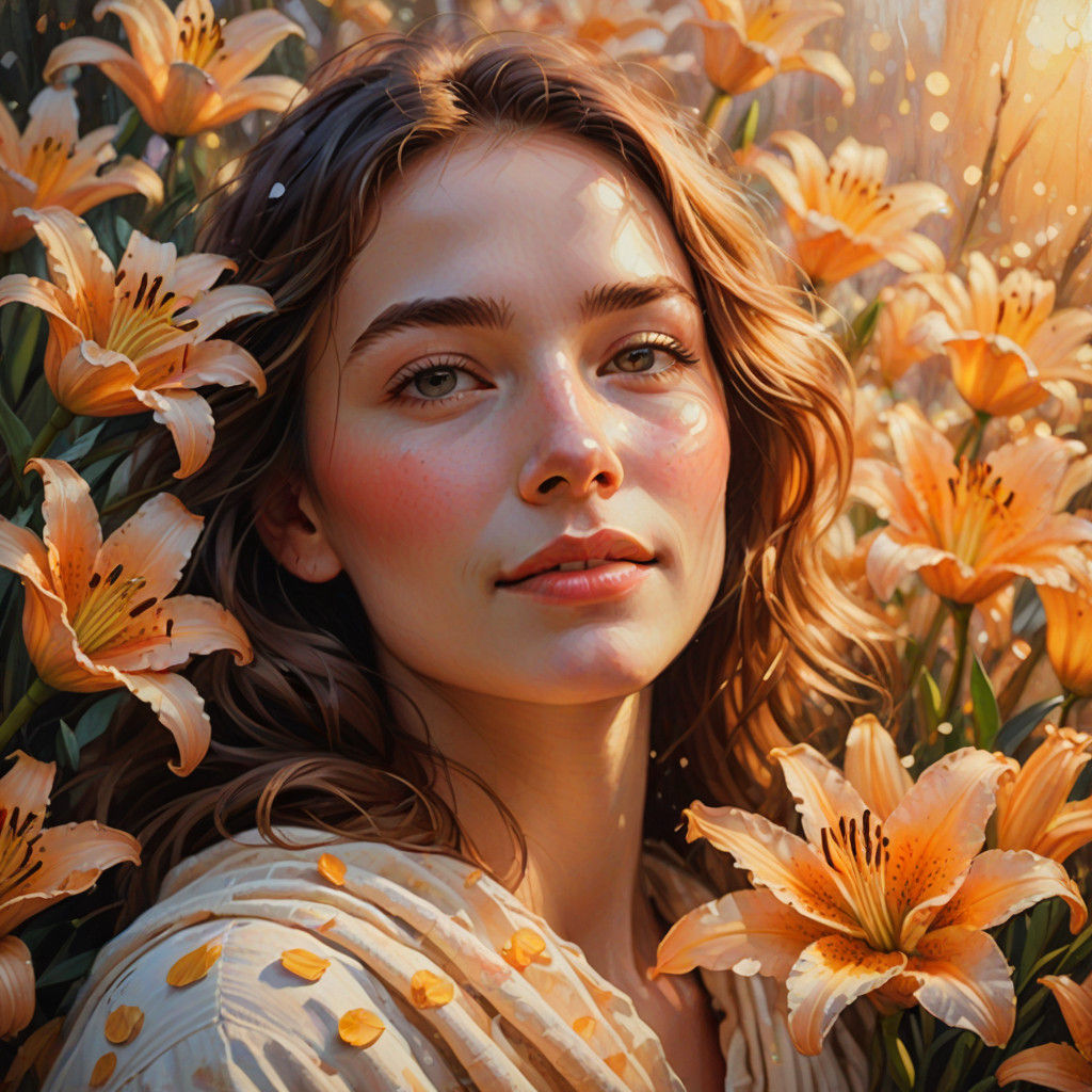 Dreamy Impressionist Woman with Lily Petals and Soft Golden...