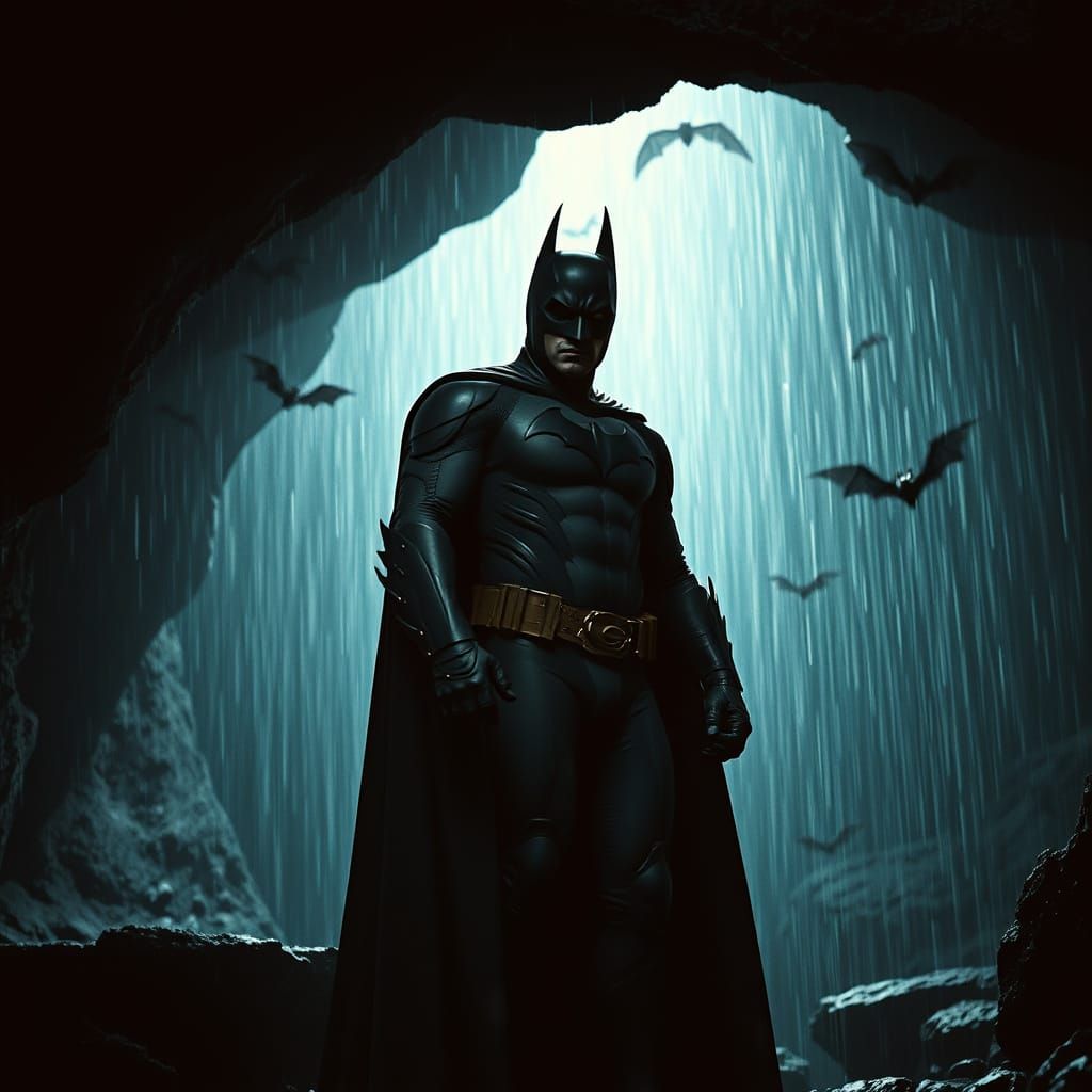 Dark Knight Batman in a Gothic Cave of Bats