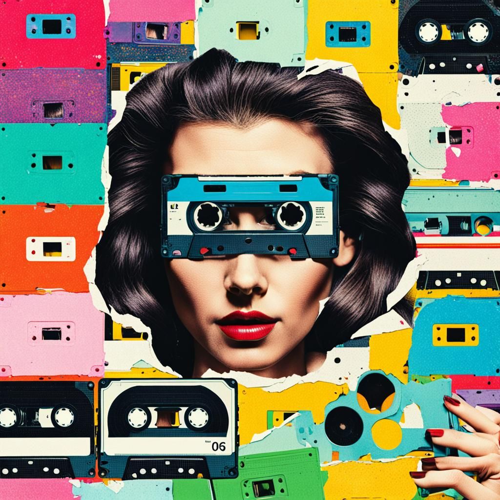 Retro Collage of Woman with Cassette Tape