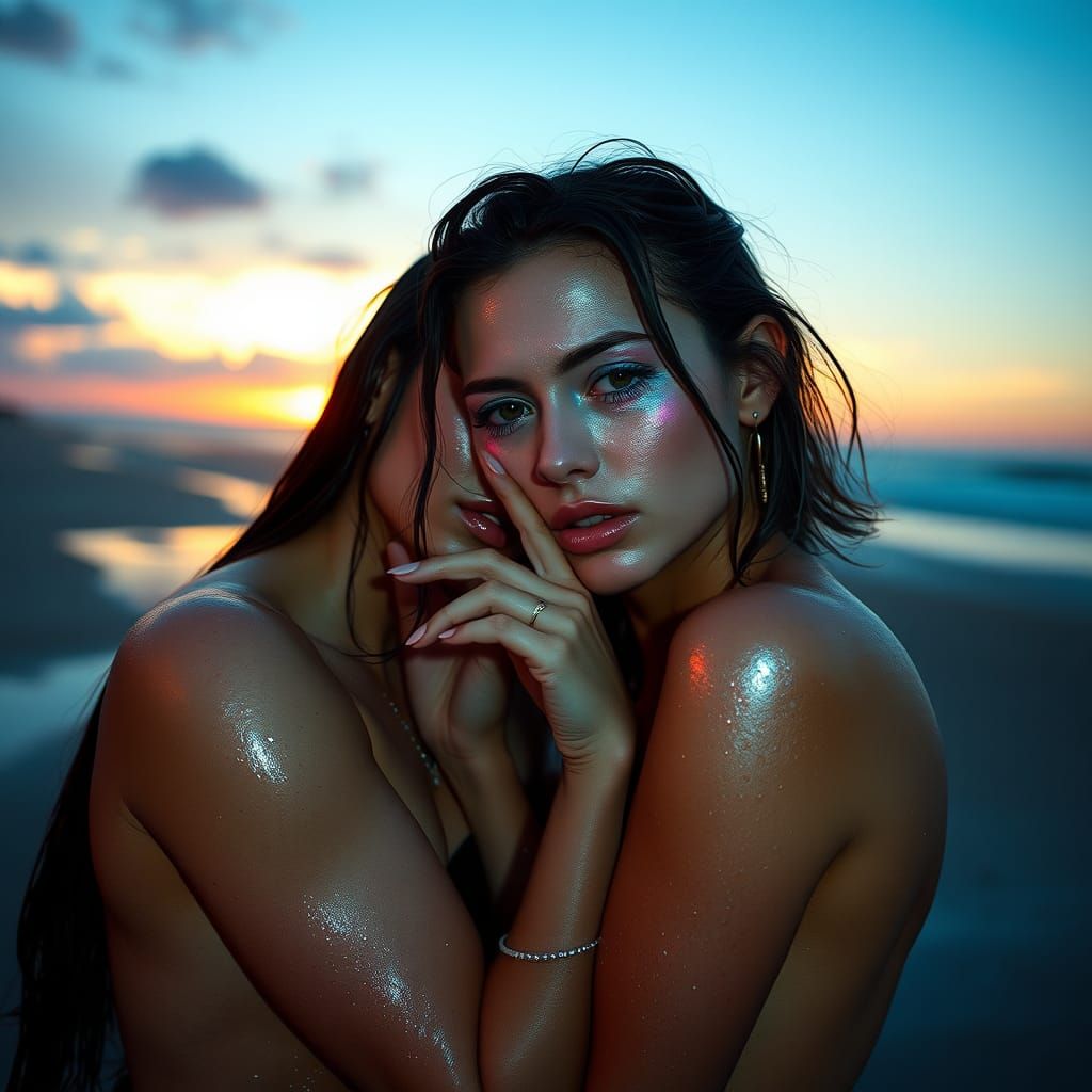 Passionate Kiss in Rain, Cyberpunk Style Sunset