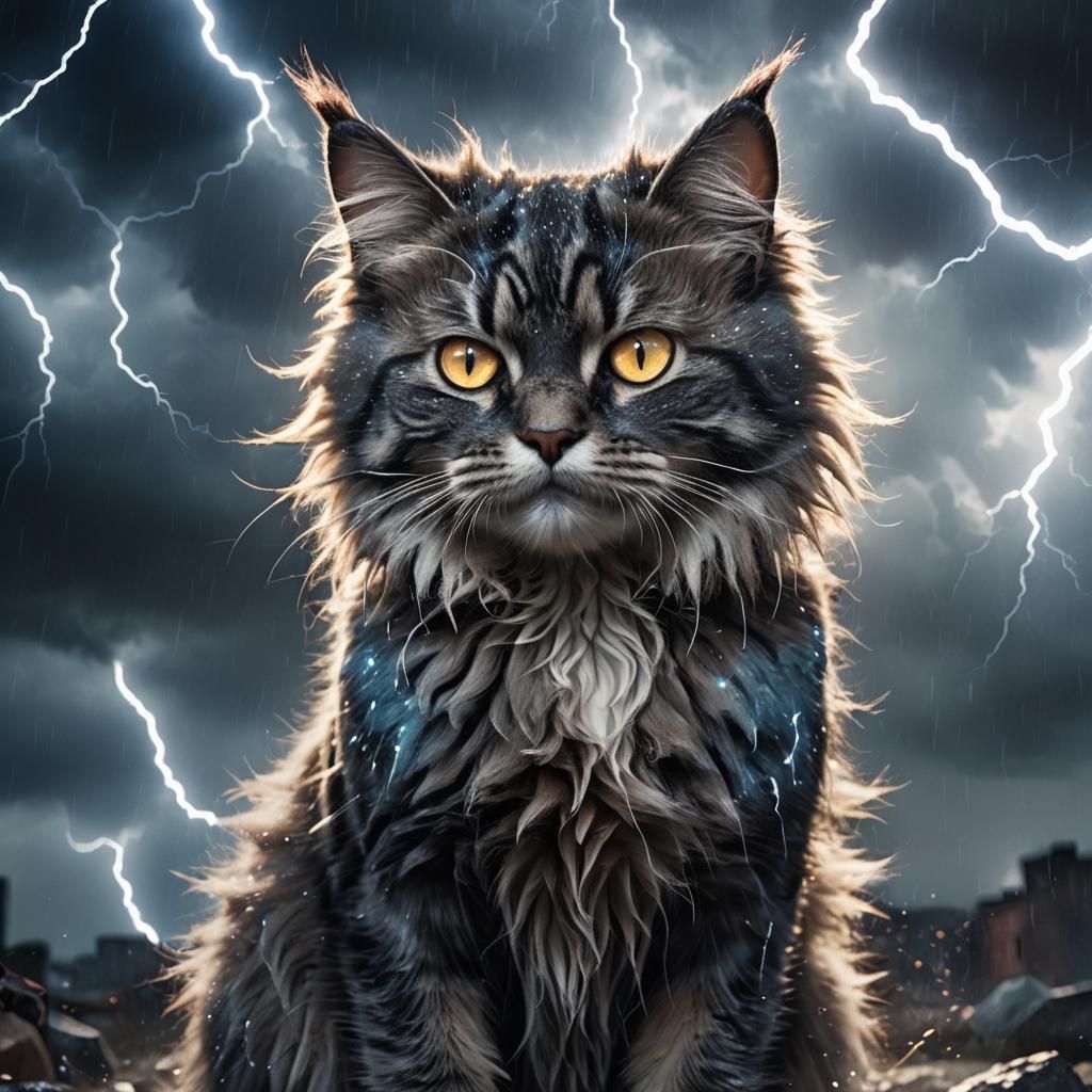 Fluffy Cat Unleashes Lightning Powers in Stormy Scene