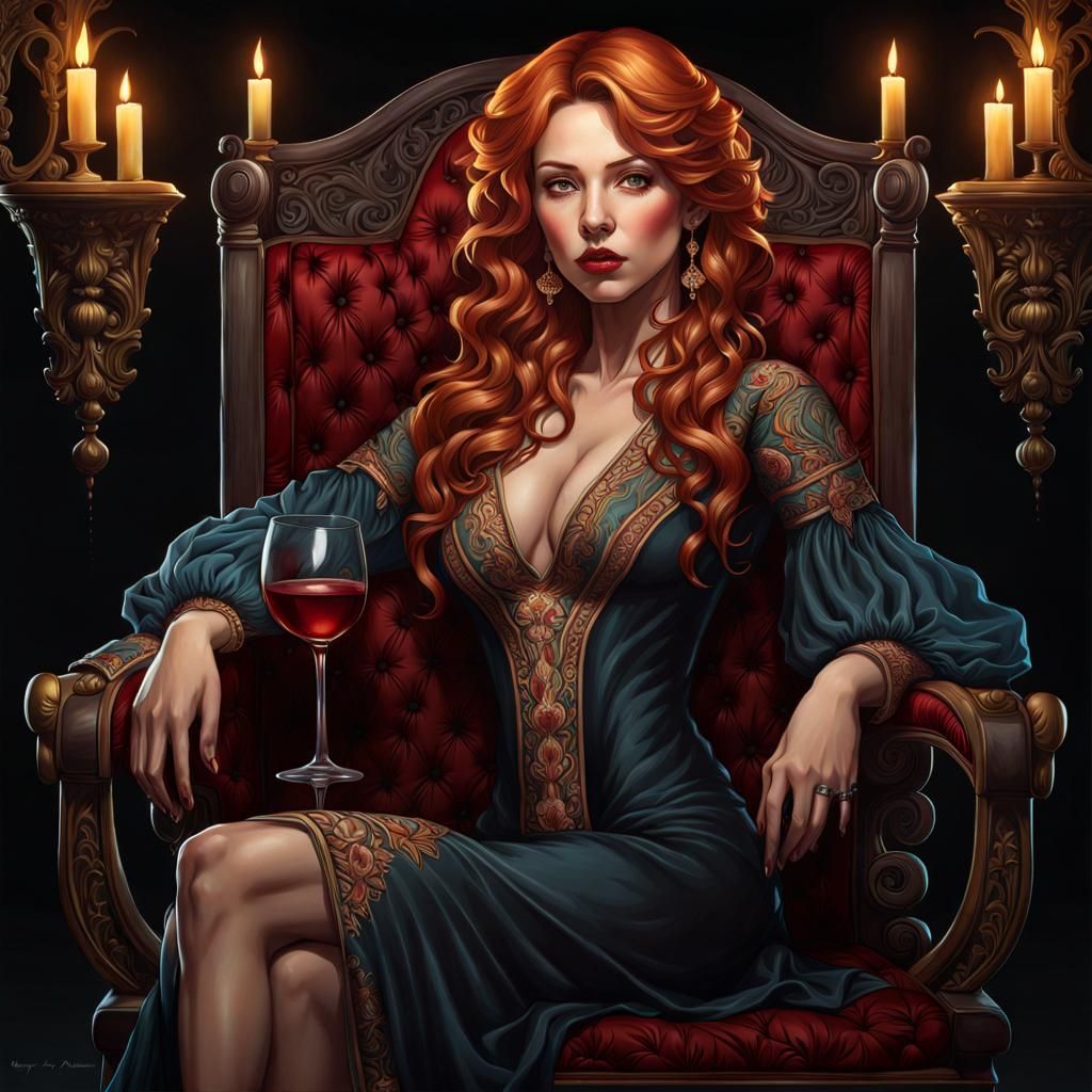 Spanish Woman Drinking Wine: Gothic Art Nouveau Portrait