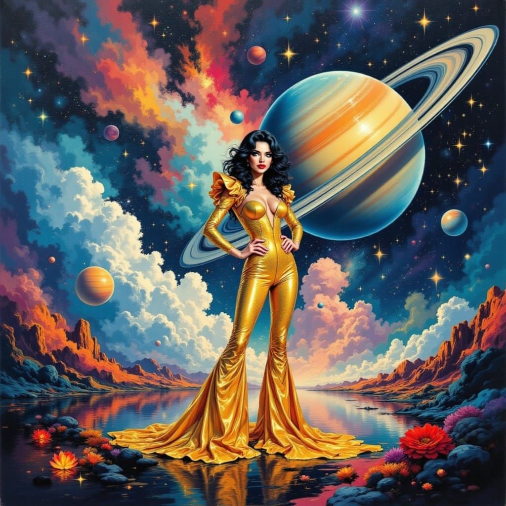 Cher on Saturn in Expressionistic Oil Painting