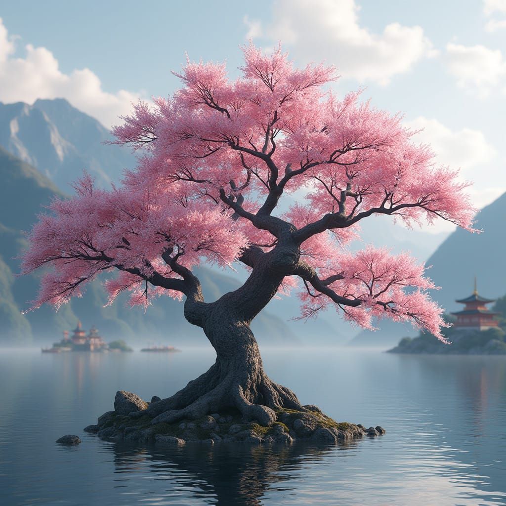 Ancient Sakura Tree in Futuristic Landscape