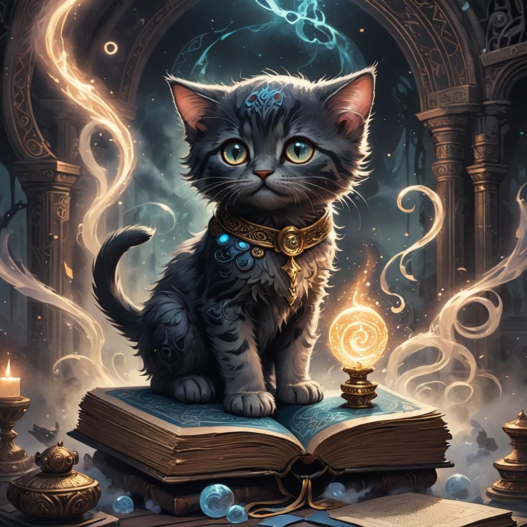 Mystical Kitten on Tome in Dark Fantasy Art
