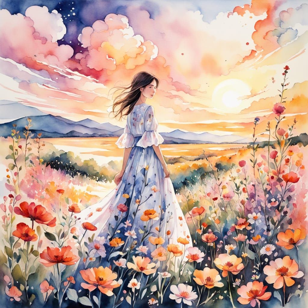 Girl in Flowery Meadow at Sunset Watercolor Painting