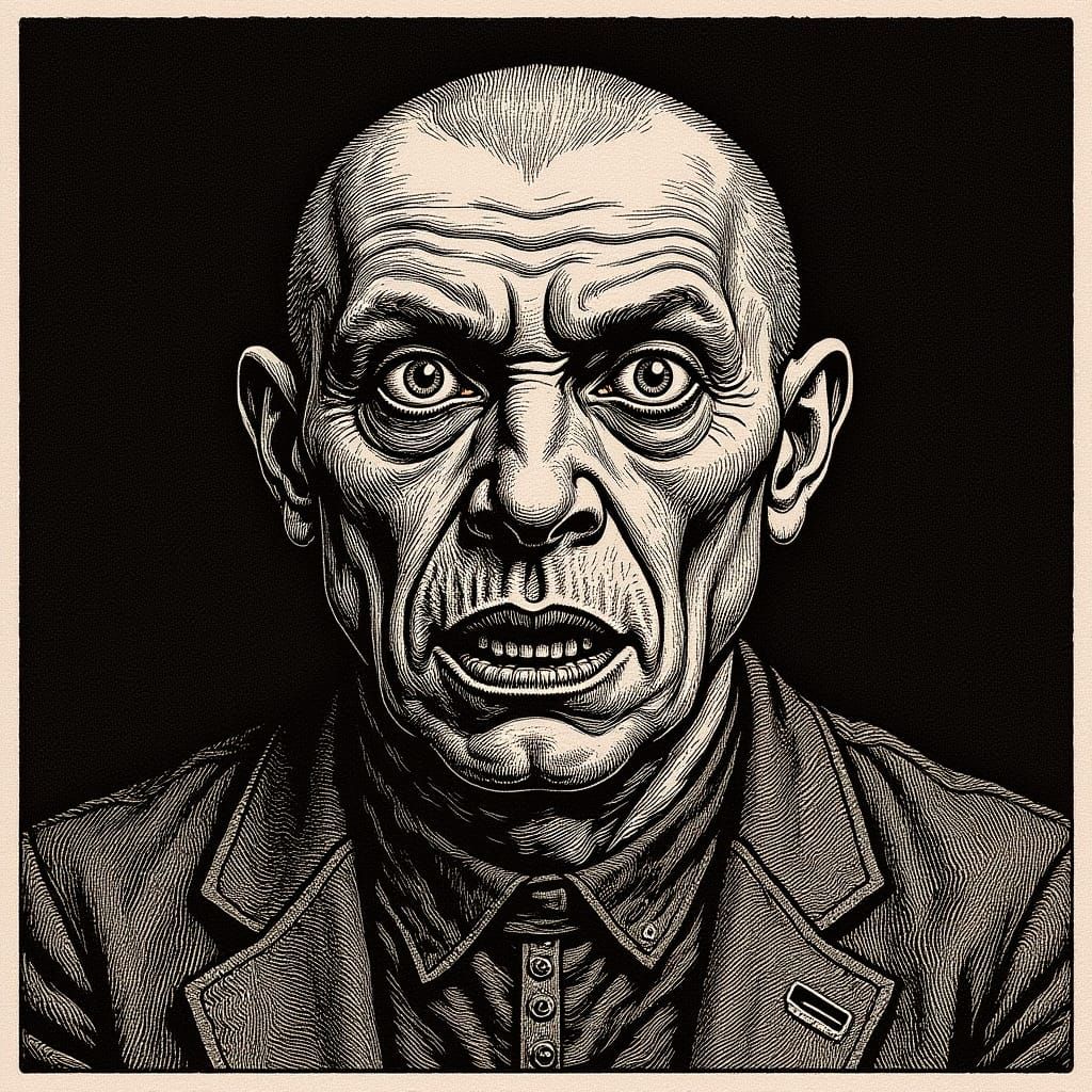 Eerie Vintage Photogravure of Person, Dog, and Spaghetti Bui...