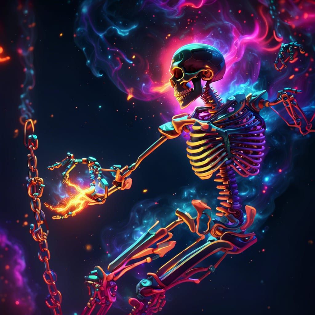 Neon Skeleton Floating in Cosmic Space
