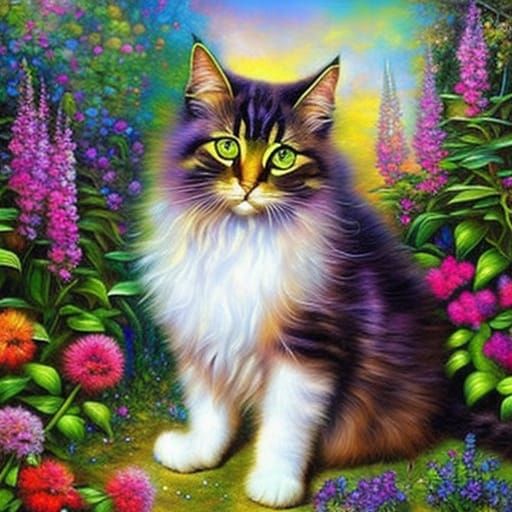 Fluffy Cat in Flower Garden, Oil Painting