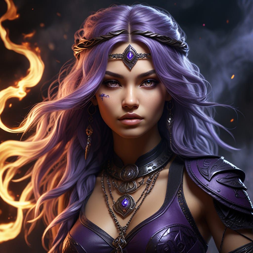 Sorceress in Ethereal Glow with Copper Skin and Purple Hair