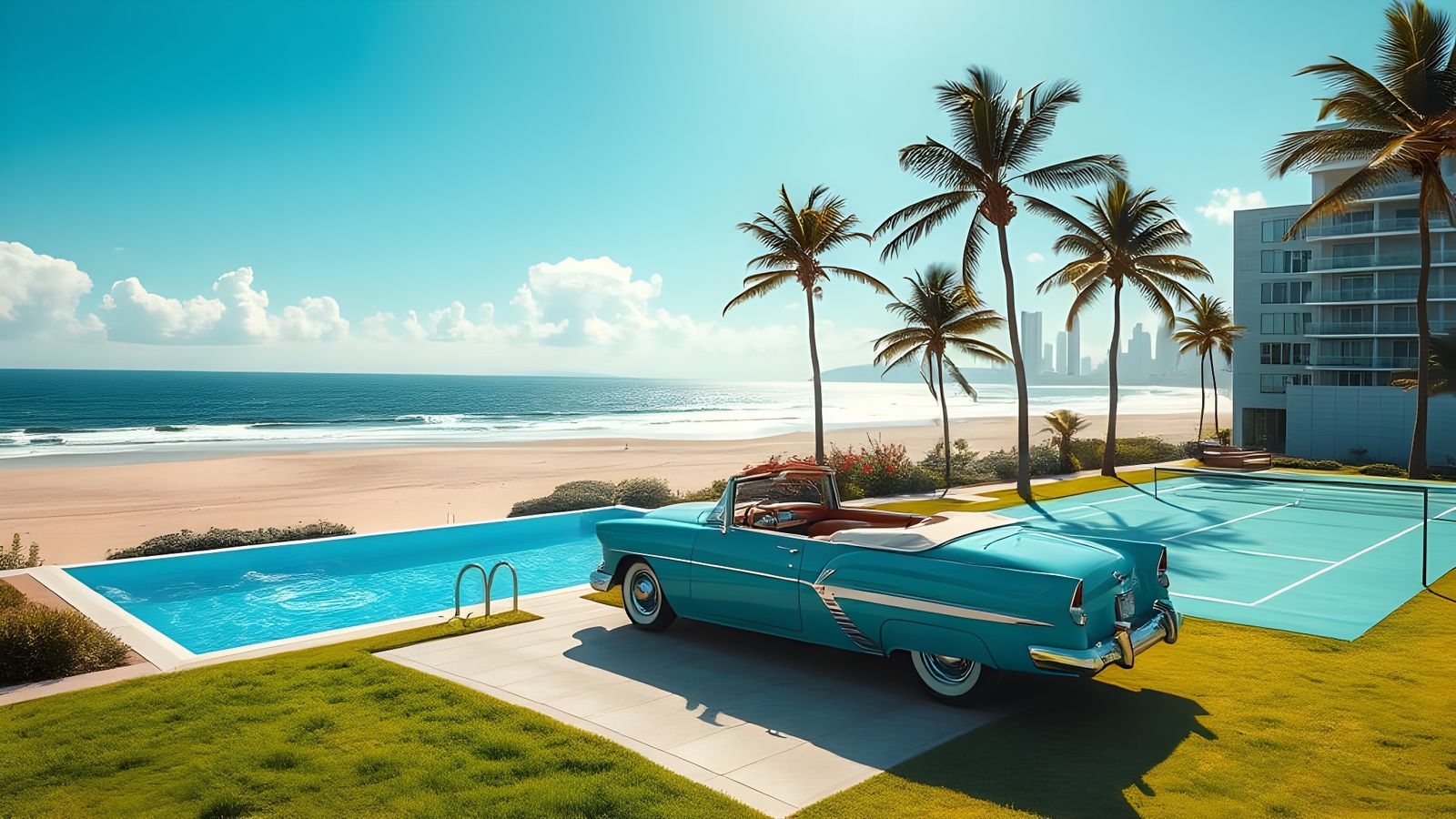 Mid-Century Coastal Cityscape in Retro-Futuristic Style